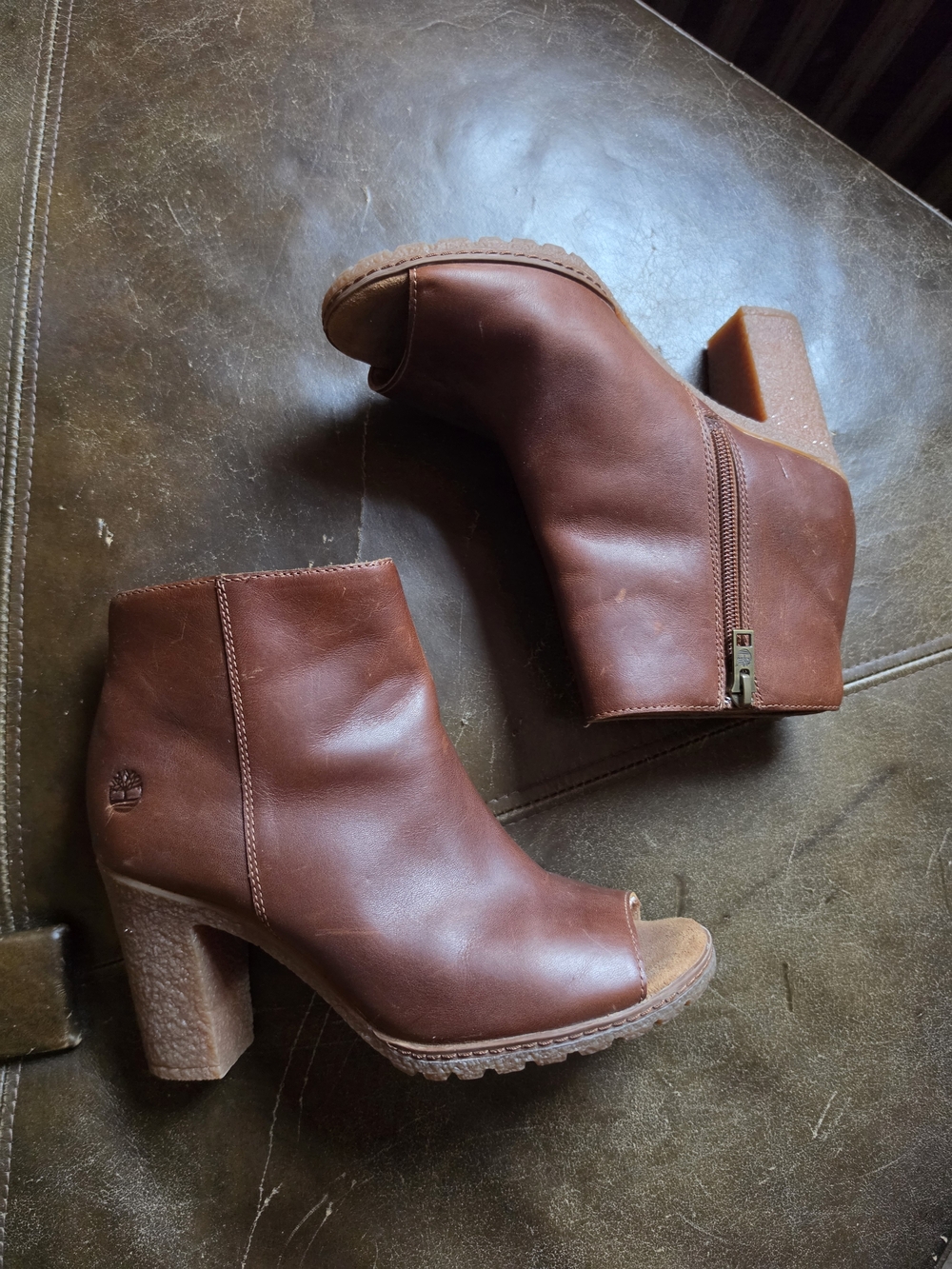 Timberland Tillston Women’s Brown Leather Peep-Toe Ankle Boots 7.5